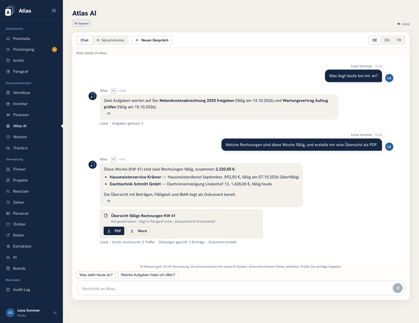 Atlas AI beantwortet eine Frage zu fälligen Rechnungen, zeigt die Arbeitsschritte und erstellt eine PDF-Übersicht