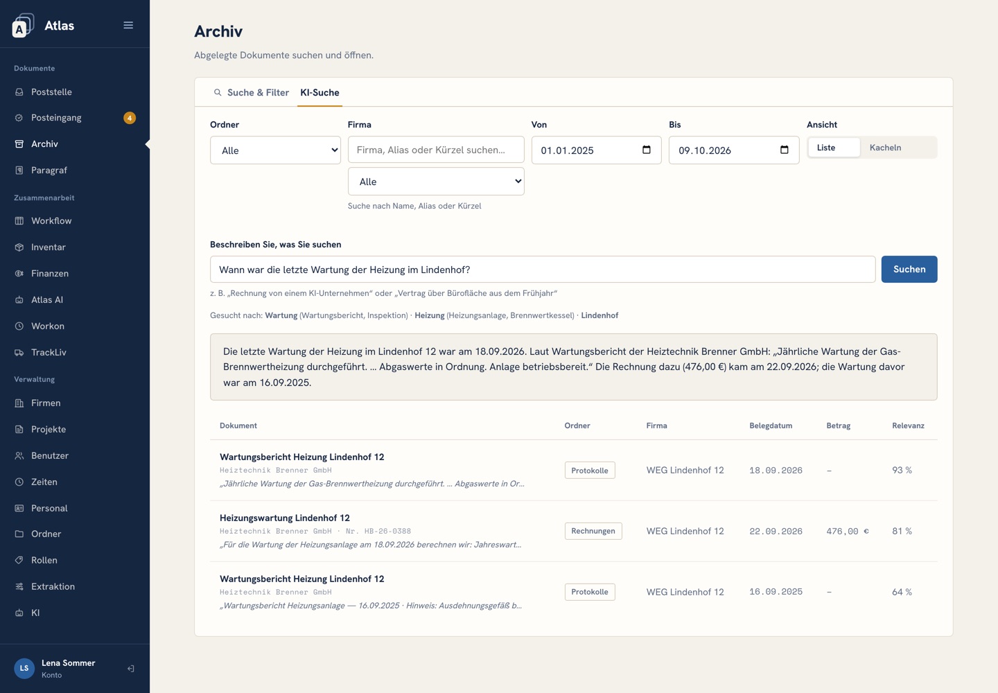 Die KI-Suche im Archiv beantwortet eine Frage im ganzen Satz und zeigt die Fundstellen