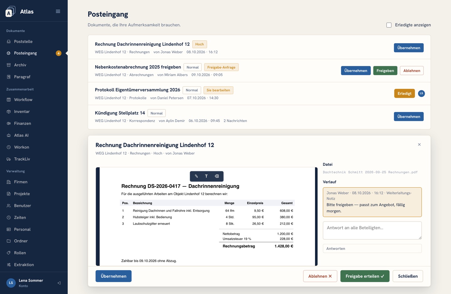 Der Posteingang: eine weitergeleitete Rechnung mit Dringlichkeit, eine Freigabeanfrage und Notizen