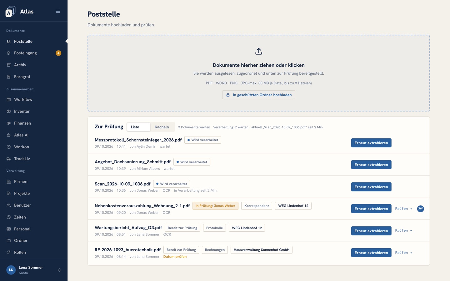 Die Poststelle: Uploadfläche, Verarbeitungsstand und Dokumente, die zur Prüfung bereitstehen