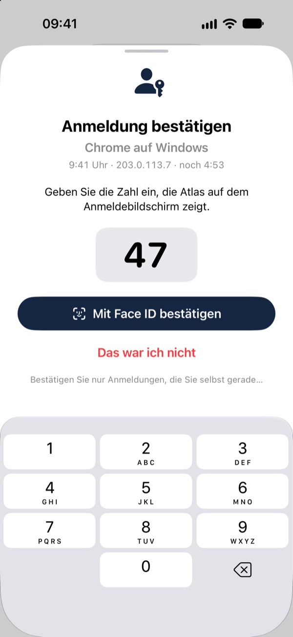 iPhone-App: Eine Anmeldung am Computer wird mit Zahl und Face ID bestätigt