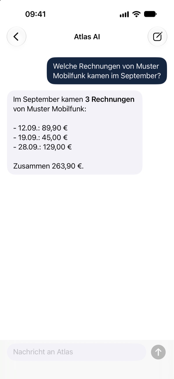 iPhone-App: Atlas AI beantwortet eine Frage zu Rechnungen
