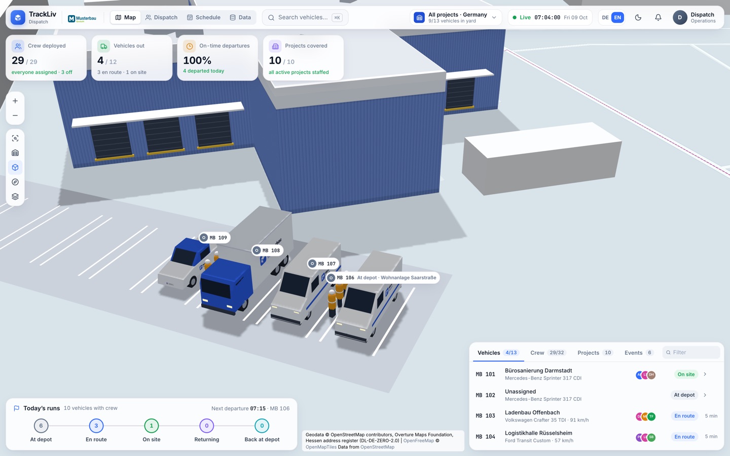TrackLiv: a depot to scale in 3D, vehicles in their bays, the crew beside them