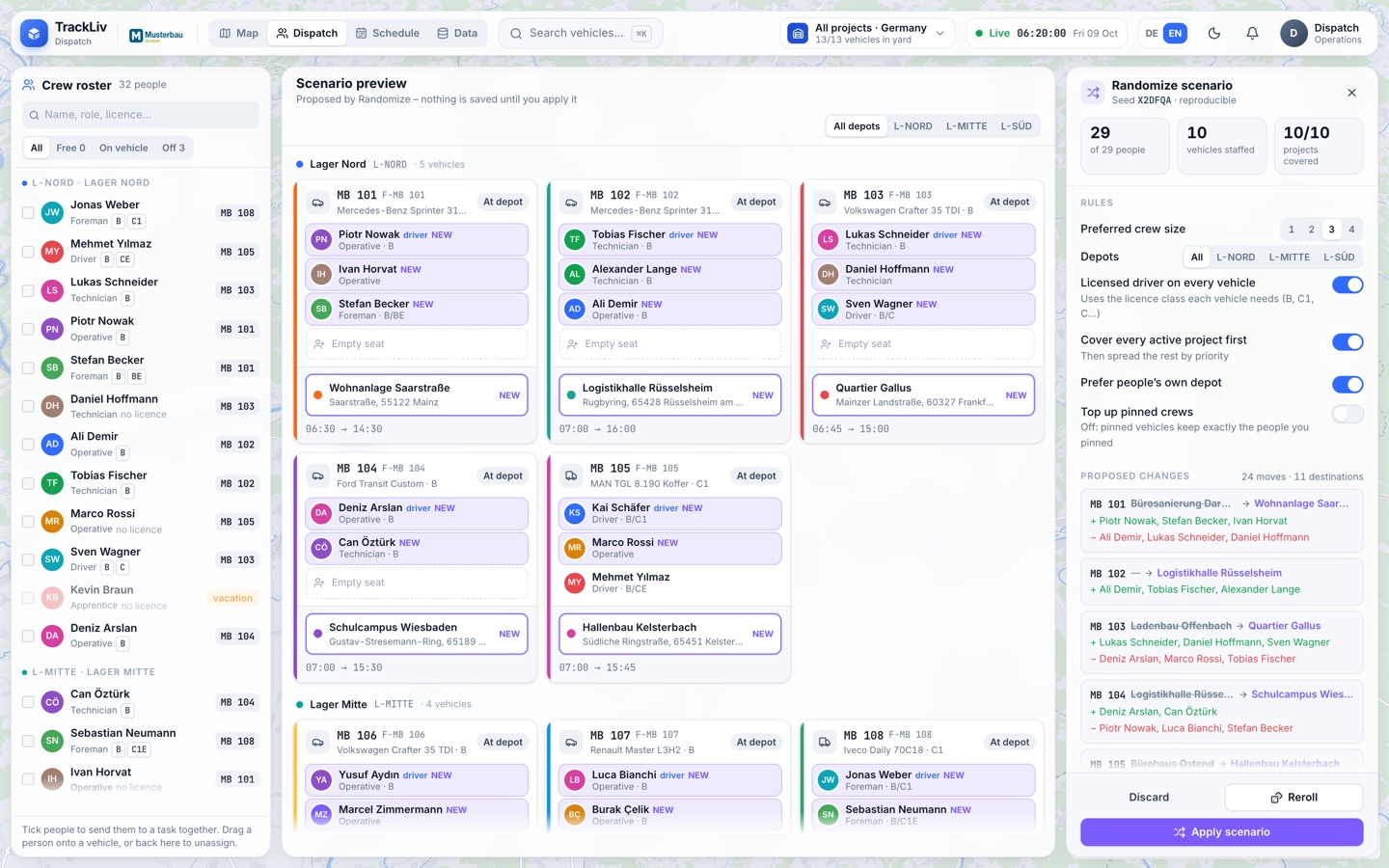 TrackLiv: dispatch board with crews on vehicles and a preview of a suggested plan for the day