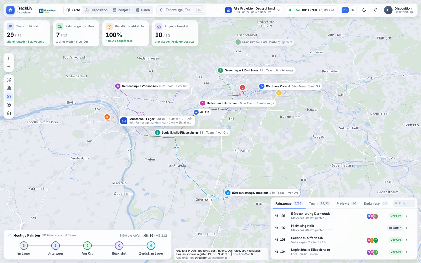 TrackLiv: Karte der Region mit Baustellen, Fahrzeugen unterwegs und vor Ort, geplanten Routen und Kennzahlen