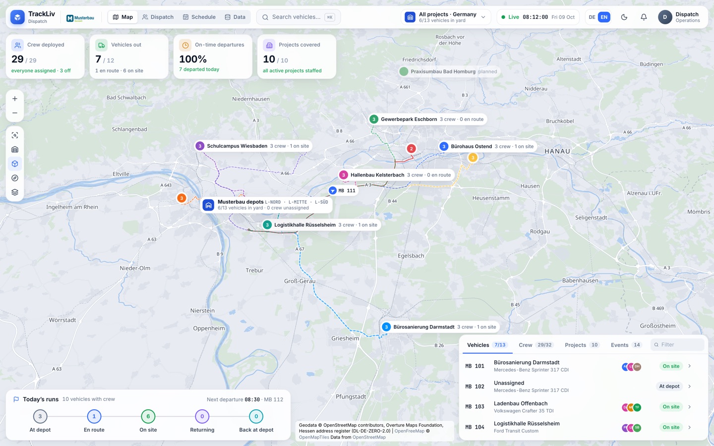 TrackLiv: map of the region with job sites, vehicles en route and on site, planned routes and key metrics