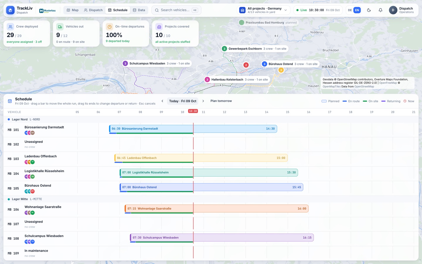 TrackLiv: schedule with planned and actual trips per vehicle and the “now” line